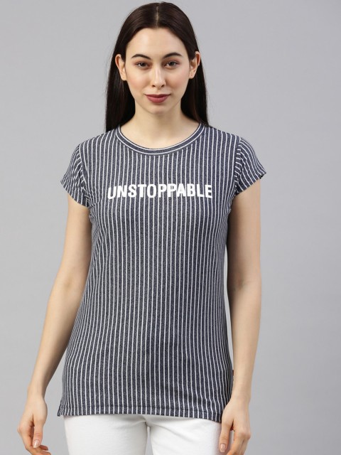 

GOLDSTROMS Women Navy Blue & White Striped T-shirt