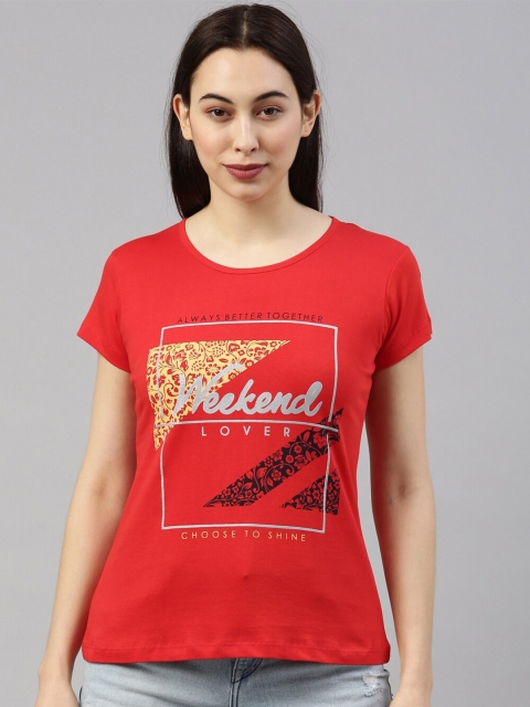 

GOLDSTROMS Women Red & Yellow Typography Printed T-shirt
