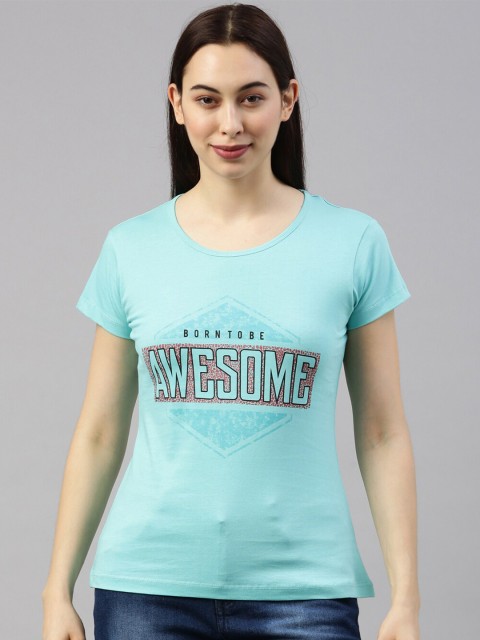 

GOLDSTROMS Women Turquoise Blue & Pink Typography Printed T-shirt