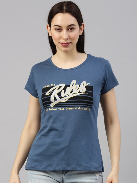 

GOLDSTROMS Women Blue & Grey Typography Printed T-shirt