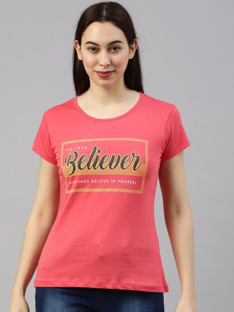 

GOLDSTROMS Women Peach-Coloured & Mustard Yellow Typography Printed T-shirt