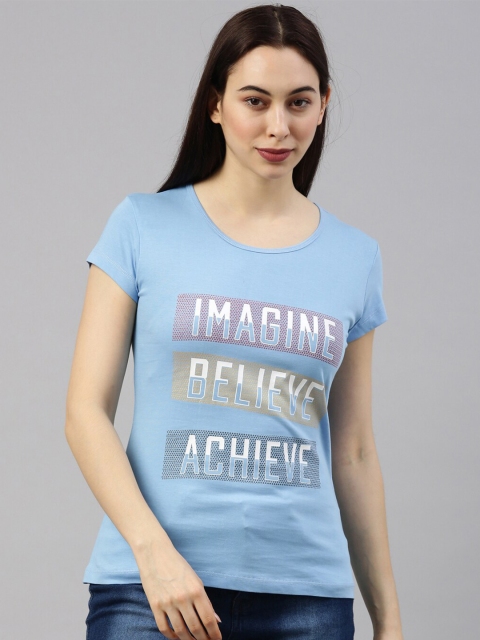 GOLDSTROMS Women Blue & White Typography Printed T-shirt
