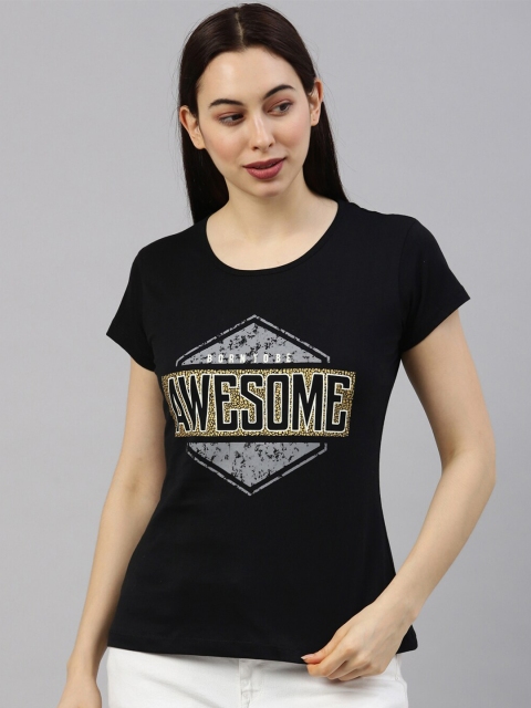 

GOLDSTROMS Women Black & Gold-Toned Typography Printed T-shirt