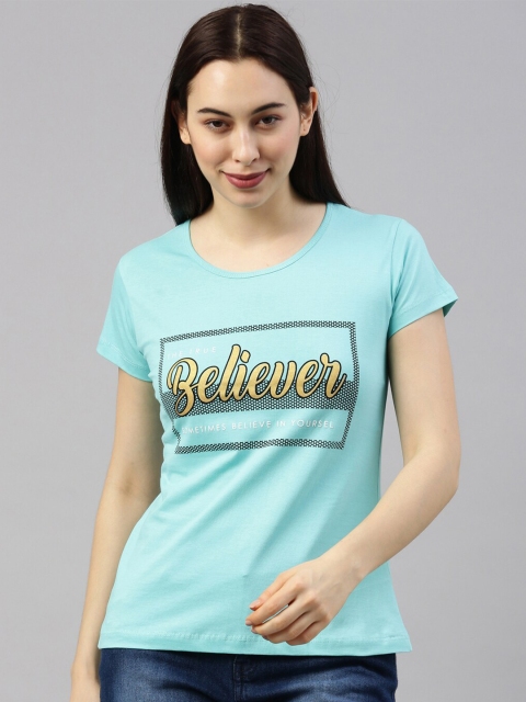 

GOLDSTROMS Women Blue & Yellow Typography Printed Cotton T-shirt