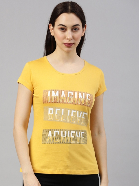 

GOLDSTROMS Women Mustard Yellow & White Typography Printed T-shirt