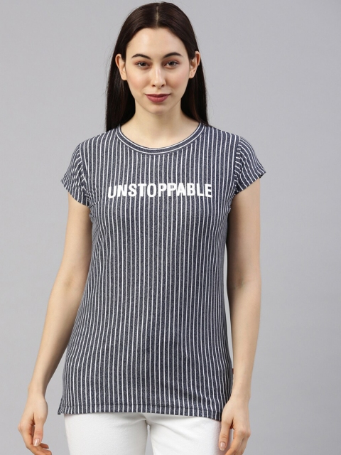 

GOLDSTROMS Women Navy Blue & White Striped T-shirt