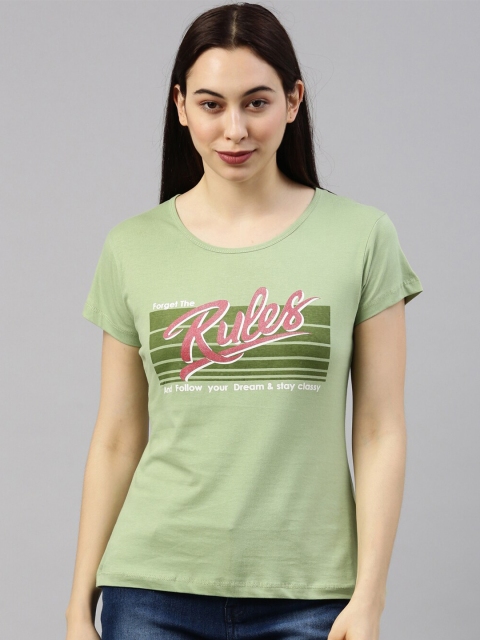 

GOLDSTROMS Women Green & Pink Typography Printed T-shirt