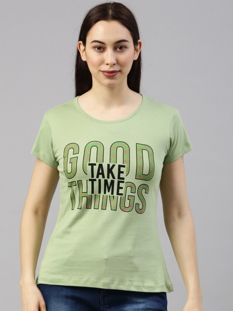 

GOLDSTROMS Women Green & Black Typography Printed T-shirt