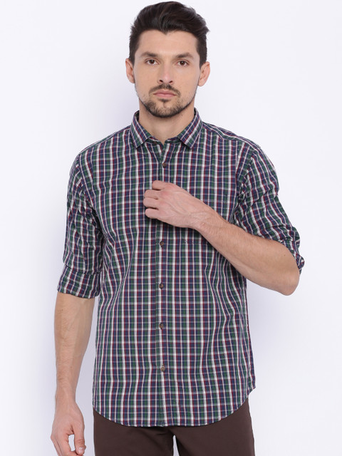 

Basics Men Green Slim Fit Checked Casual Shirt