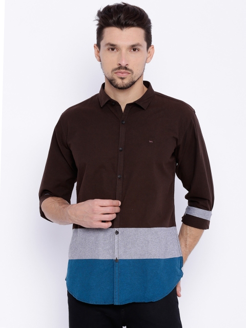 

Basics Men Brown & Blue Slim Fit Colourblocked Casual Shirt