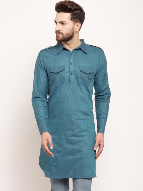 

Enchanted Drapes Men Teal Blue Pure Cotton Pathani Kurta