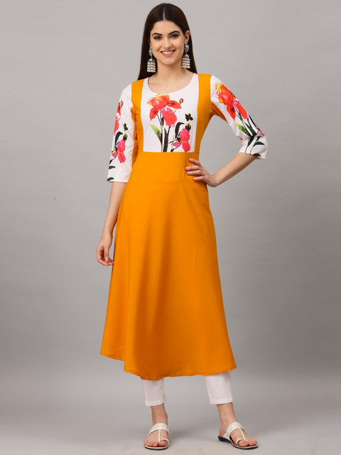

ALC Creations Women Yellow & White Floral Yoke Design Kurta