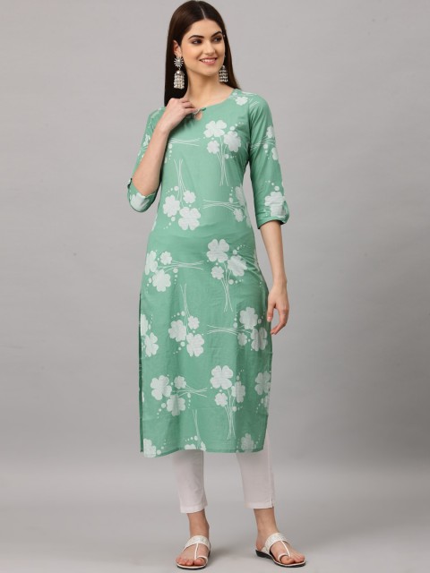 

ALC Creations Women Green & White Floral Printed Keyhole Neck Pure Cotton Kurta