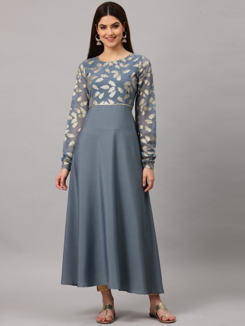 

ALC Creations Women Steel & Gold-Toned Foil Printed Anarkali Kurta