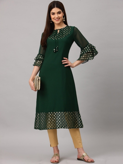 

ALC Creations Women Green & Gold-Toned Ethnic Motifs Foil Printed Kurta