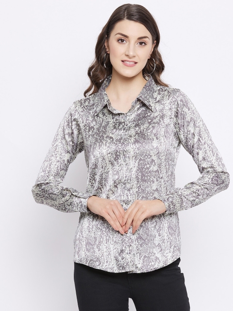 SECRETS BY ZEROKAATA Grey & White Snake Print Satin Shirt Style Top