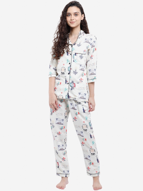 

Bellofox Women White & Blue Printed Pure Cotton Night suit
