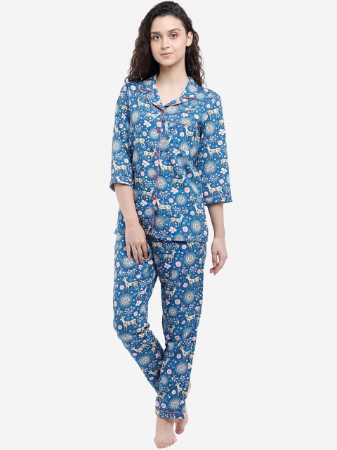 

Bellofox Women Blue & White Printed Pure Cotton Night suit