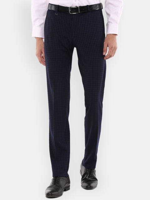 

Van Heusen Men Navy Blue Checked Slim Fit Trousers