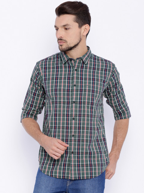 

Basics Men Green Slim Fit Checked Casual Shirt