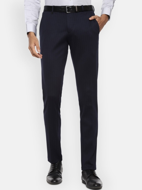 

Van Heusen Men Navy Blue Striped Slim Fit Trousers