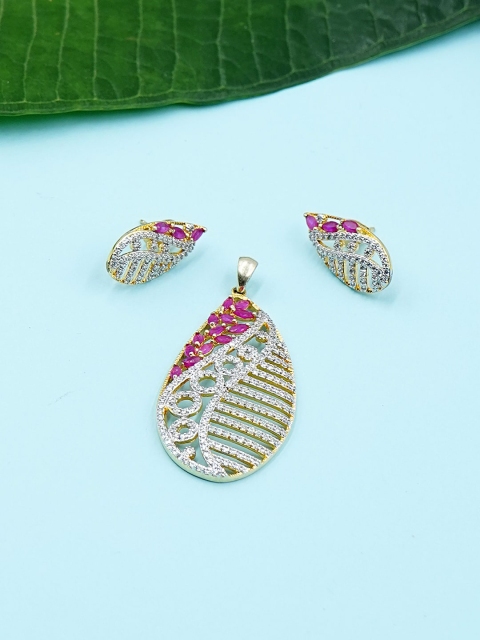 

Studio Voylla White & Gold Toned Leaf Shape CZ Pendant Set