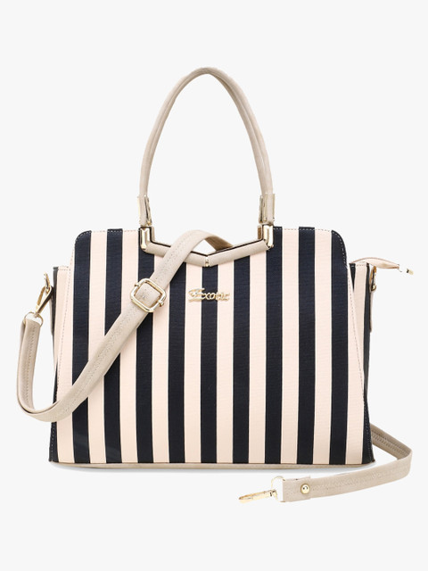

Exotic Cream-Coloured Striped PU Oversized Bucket Handheld Bag with Cut Work