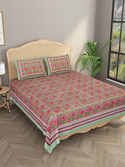 

Gulaab Jaipur Green & Pink Floral Printed Cotton 600 TC King Bedsheet with 2 Pillow Covers