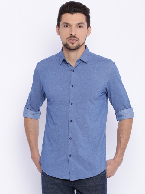 

Basics Men Blue Slim Fit Self-Design Casual Shirt