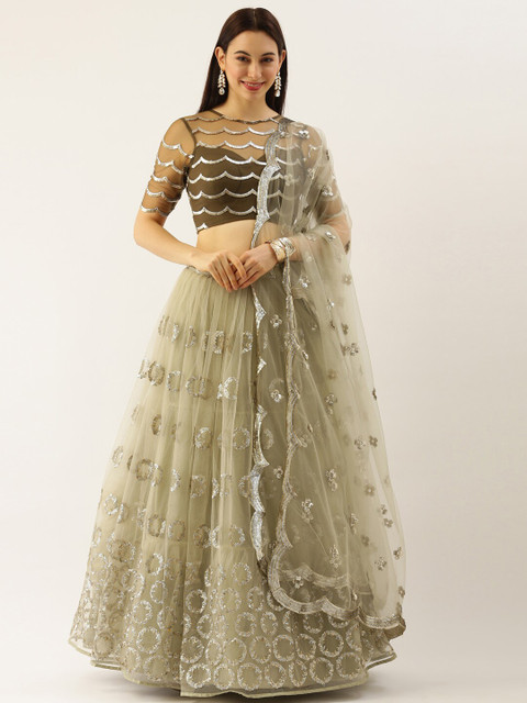 

panchhi Olive Green & Silver-Toned Embroidered Sequinned Ready to Wear Lehenga & Blouse With Dupatta
