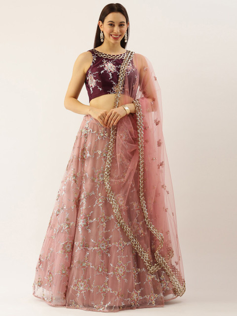 

panchhi Rose Gold & Burgundy Embroidered Ready to Wear Lehenga & Blouse With Net Dupatta