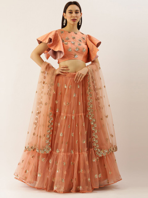 

panchhi Peach-Coloured & Gold-Toned Embroidered Sequinned Ready to Wear Lehenga & Blouse With Dupatta