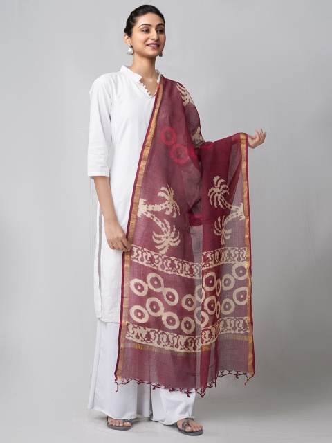 

Unnati Silks Brown & Off White Ethnic Motifs Dyed Pure Silk Batik Dupatta with Zari