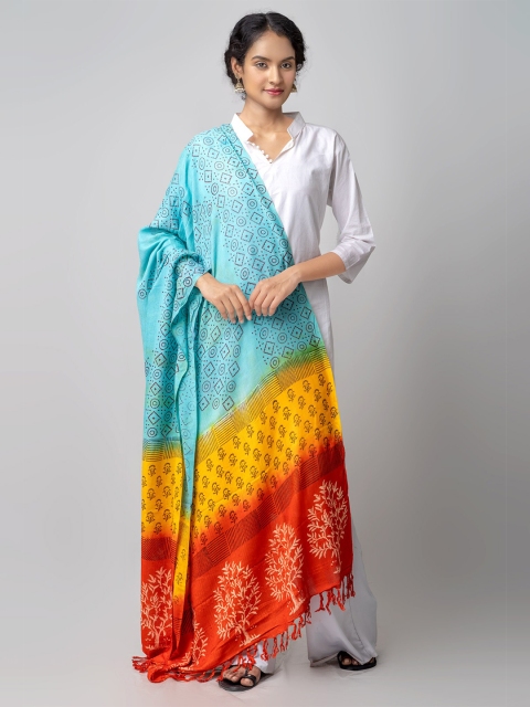 

Unnati Silks Blue & Yellow Ethnic Motifs Printed Pure Cotton Block Printed Dupatta