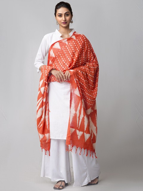 

Unnati Silks Red & Off White Pure Dabu Mulmul Cotton Dupatta