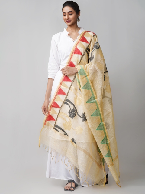

Unnati Silks Cream-Coloured Ethnic Motifs Woven Design Dupatta