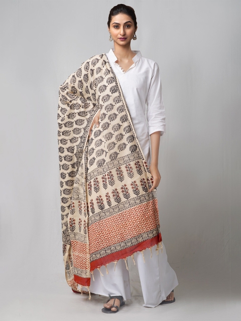 

Unnati Silks Beige & Red Ethnic Motifs Printed Pure Cotton Dupatta