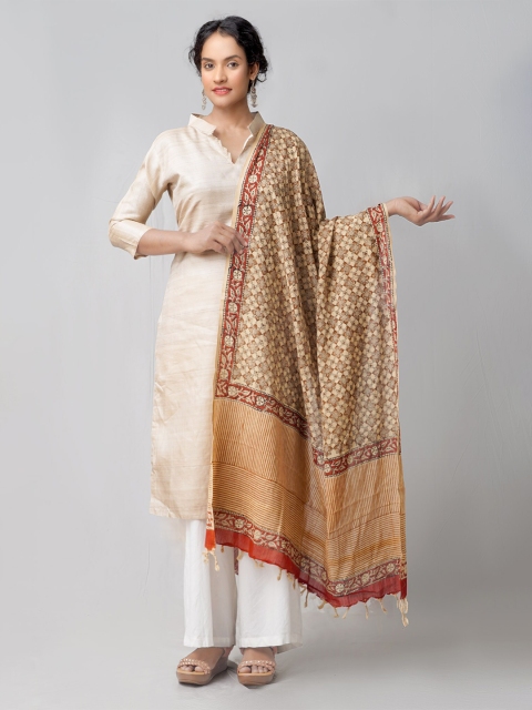 

Unnati Silks Cream & Red Ethnic Motifs Printed Pure Cotton Block Printed Dupatta