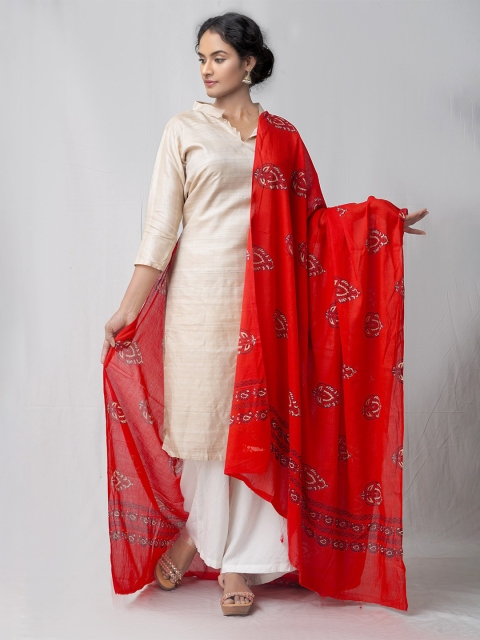 

Unnati Silks Women Red & Brown Ethnic Motifs Dyed Pure Cotton Tie and Dye Dupatta