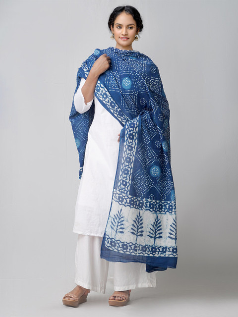 

Unnati Silks Women Blue & White Ethnic Motifs Dyed Pure Cotton Tie and Dye Dupatta