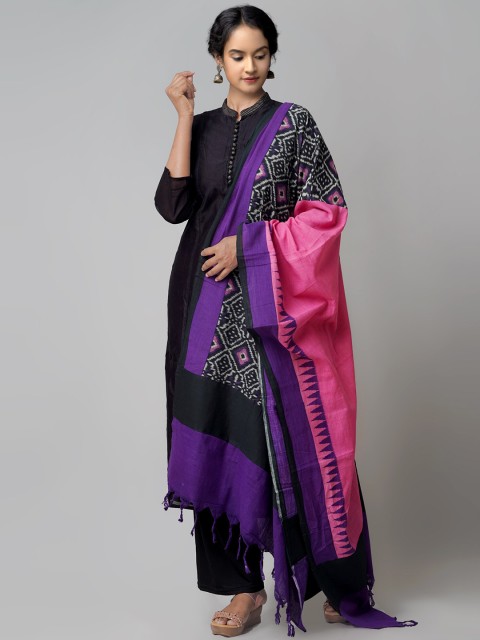 

Unnati Silks Black & Violet Ethnic Motifs Pure Cotton Pochampally Ikkat Printed Dupatta