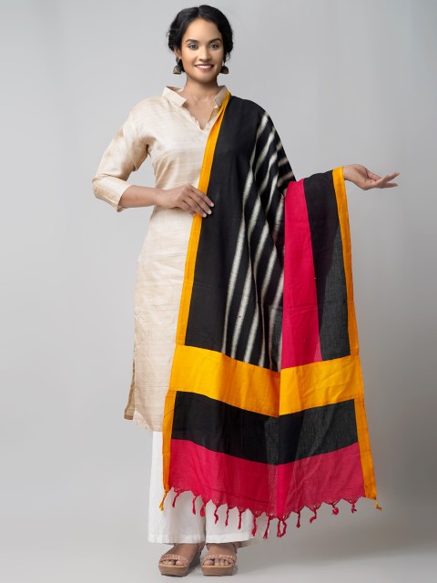 

Unnati Silks Yellow & Black Ethnic Motifs Dyed Pochampally Pure Cotton Ikat Dupatta
