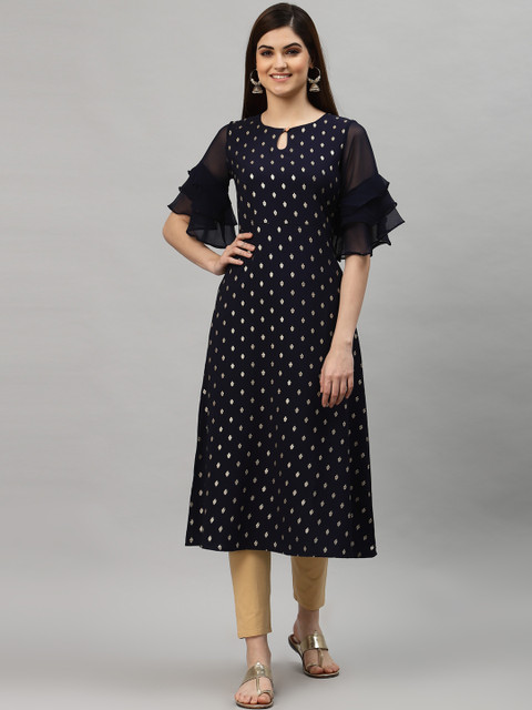 

ALC Creations Women Navy Blue Ethnic Motifs Printed Keyhole Neck Flared Sleeves Thread Work Floral Kurta