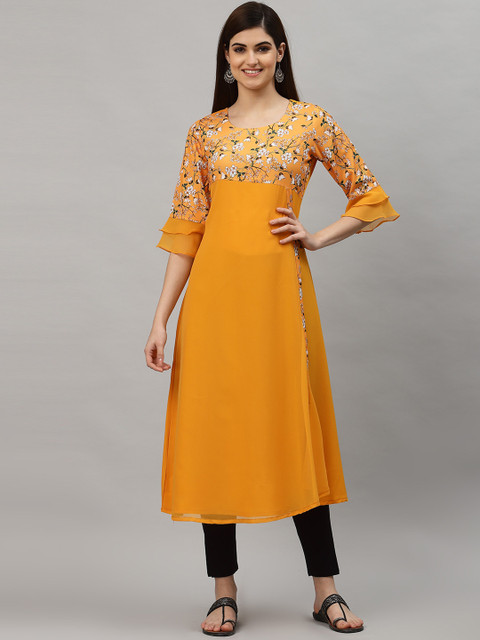 

ALC Creations Women Yellow Geometric Yoke Design Thread Work Floral Kurta