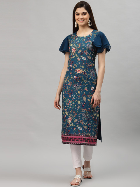 

ALC Creations Women Teal Blue & Yellow Ethnic Motifs Printed Flared Sleeves Kurta