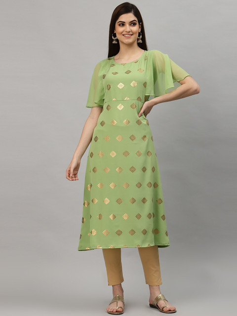 

ALC Creations Women Green & Gold-Toned Ethnic Motifs Printed Flared Sleeves Kurta