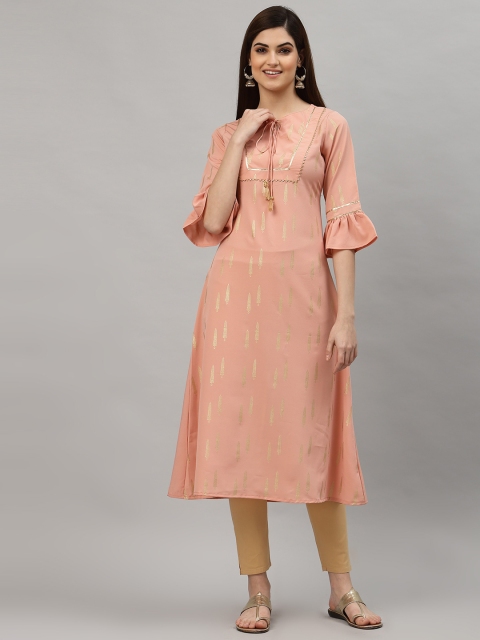

ALC Creations Women Orange Keyhole Neck Flared Sleeves Floral Kurta