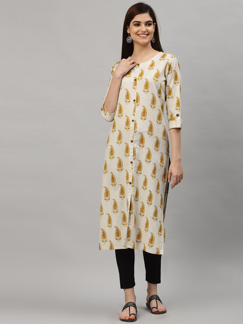 

ALC Creations Women Yellow Ethnic Motifs Printed Keyhole Neck Kurta