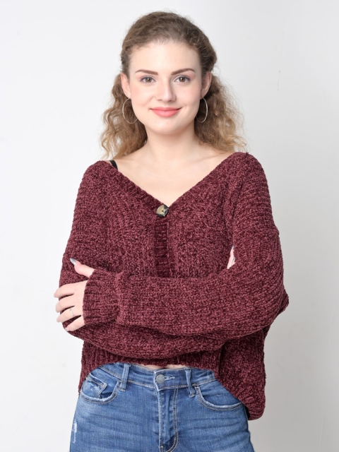 

NoBarr Women Maroon Ribbed Cardigan