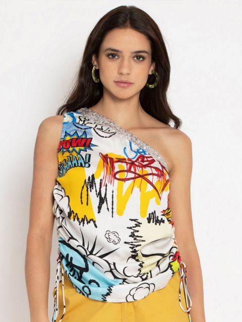 

SHAYE White & Yellow Print One Shoulder Top